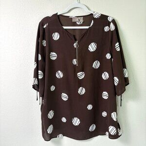 Chicos Top Womens 2 Us L Brown White Circles Geometric Slit Tie Sleeve 1/4 Zip